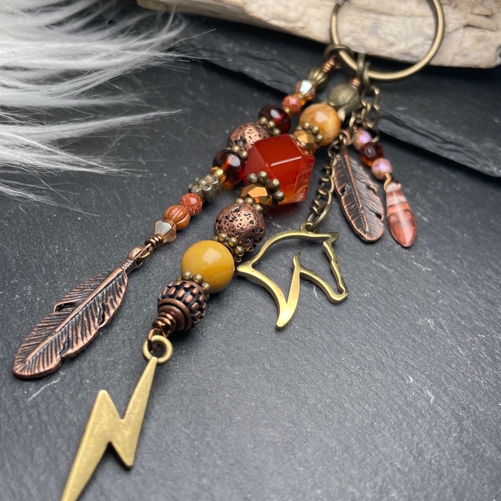 Desert Storm Carnelian, Tigers Eye & Jasper | Horse Feather Keychain Charm - Picture 4 of 11